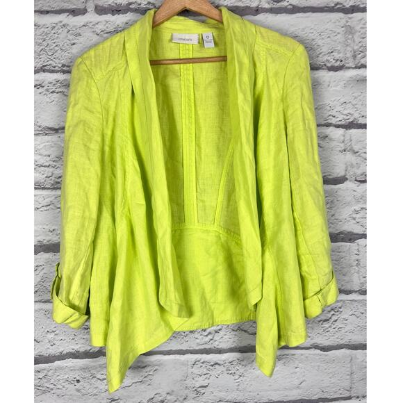 CHICO'S Women's S Lime Green 100% Linen Flyaway Francesca Roll Tab Open Jacket - Picture 8 of 8